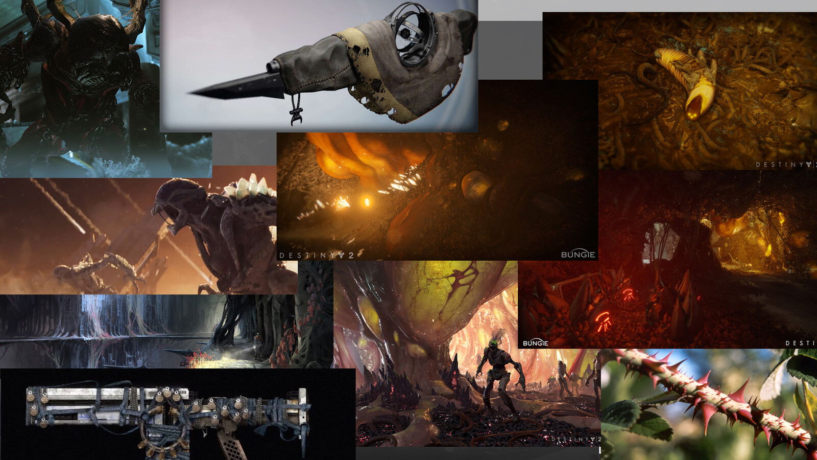 Inspiration Board (Hive inspired). Game concept art and screenshots is content created and owned by Bungie Inc. I've posted them here to showcase my art direction decisions/inspiration for the weapon concept piece I illustrated.