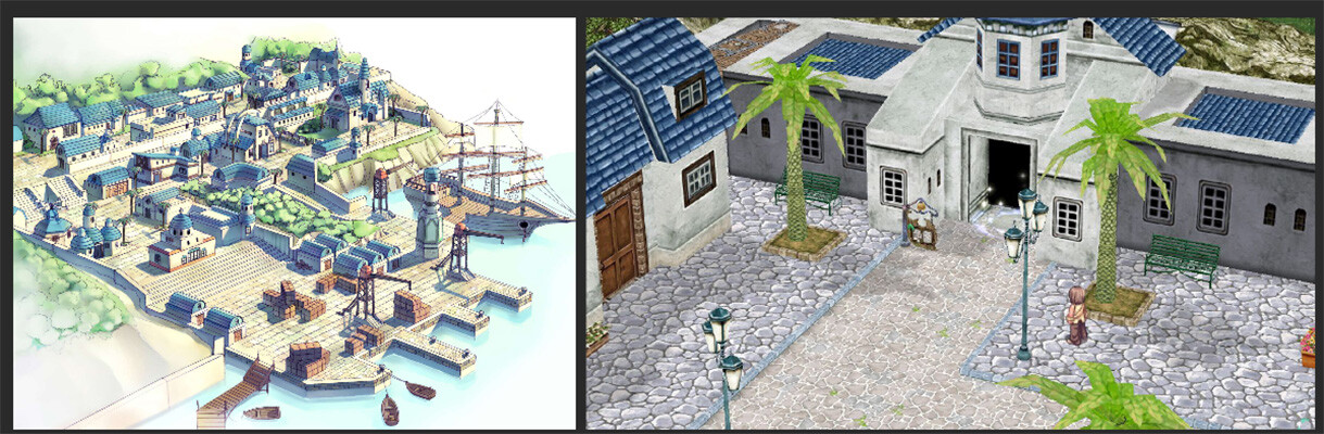 Original Concept art and screenshot of an area