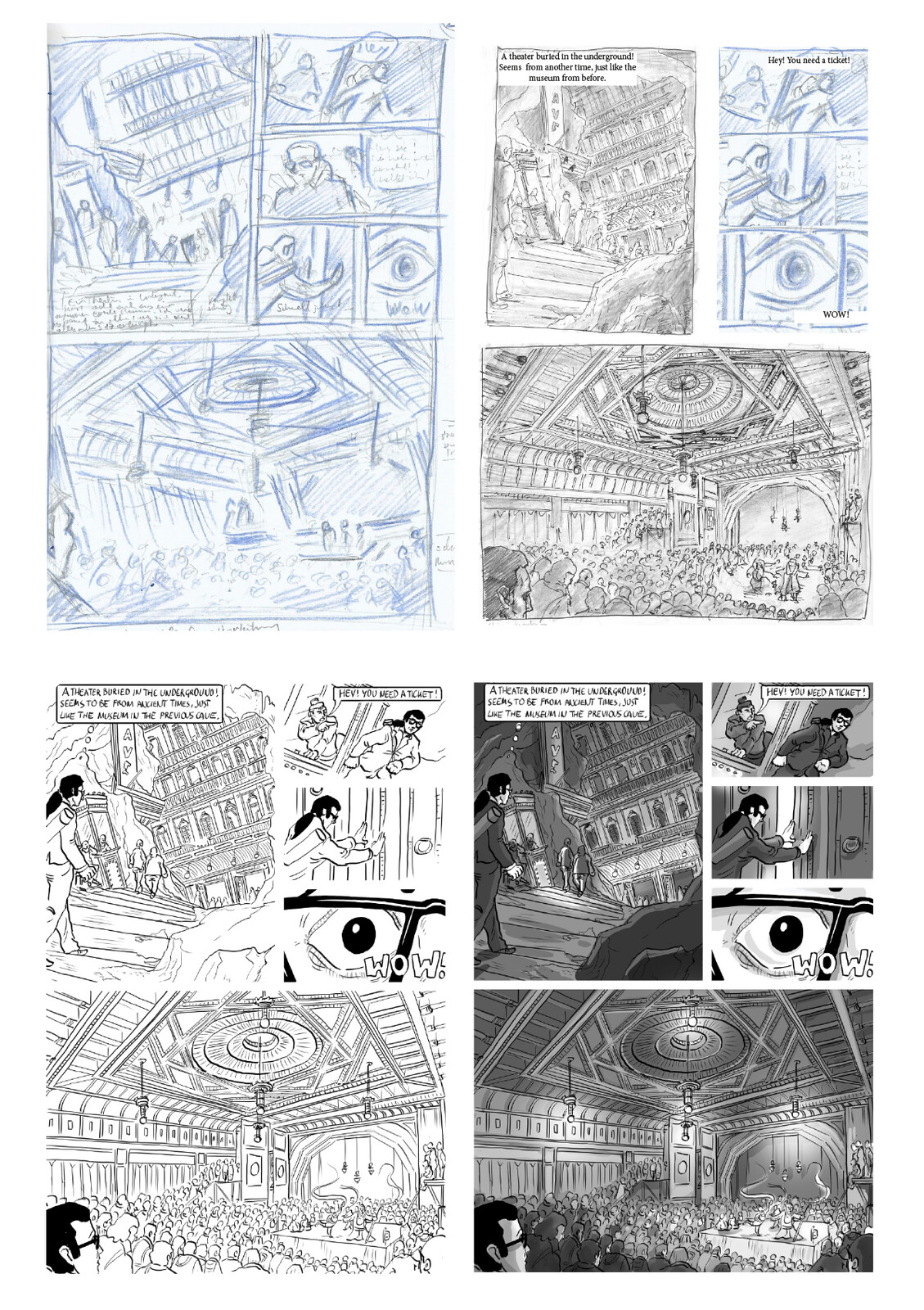 Process from rough pencil storyboard to inked and bw coloured page