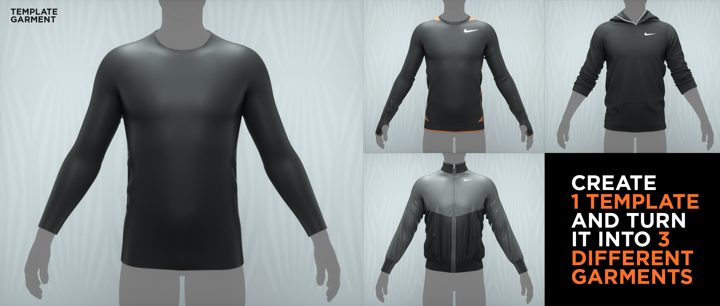 Create a template garment and then turn it into 3 different garments. Building a good foundation and solid base is important and helps with converting the template into different garments easily. 