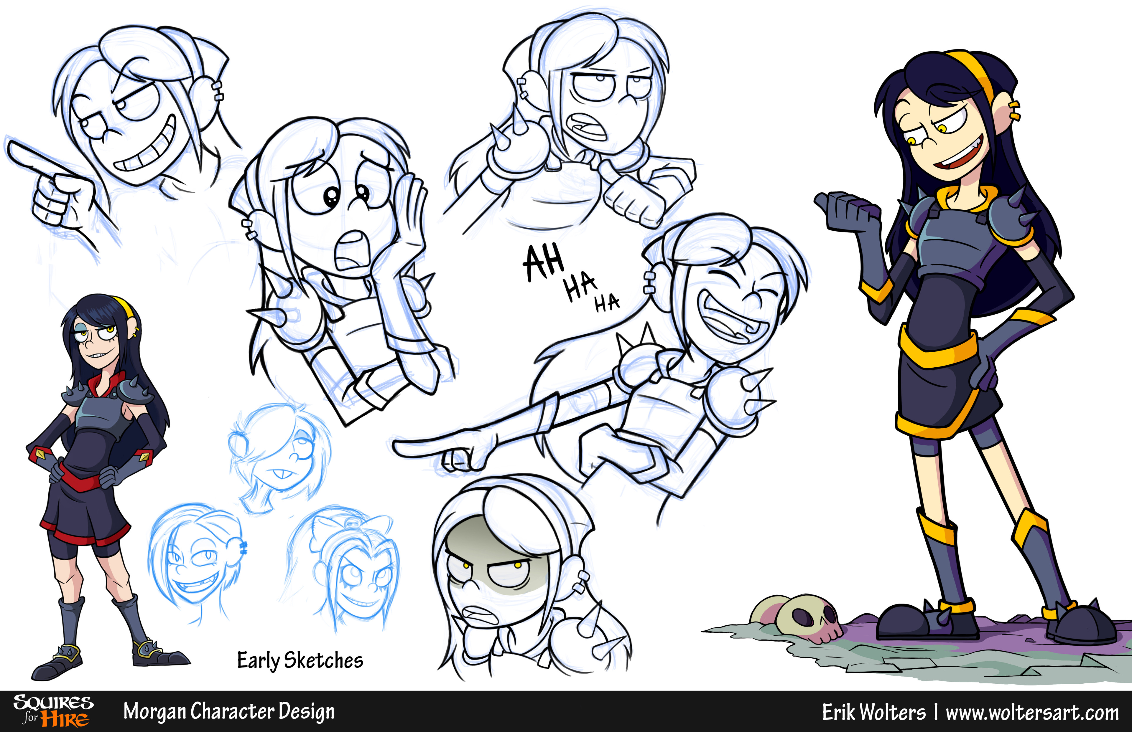 Character Page for Morgan from my Webcomic Squires for Hire.  Daughter of the infamous black knight and childhood friend/rival of Beatrice. Crafty, Sarcastic, and fun-loving, Morgan is on an eternal quest to get Beatrice to loosen up.