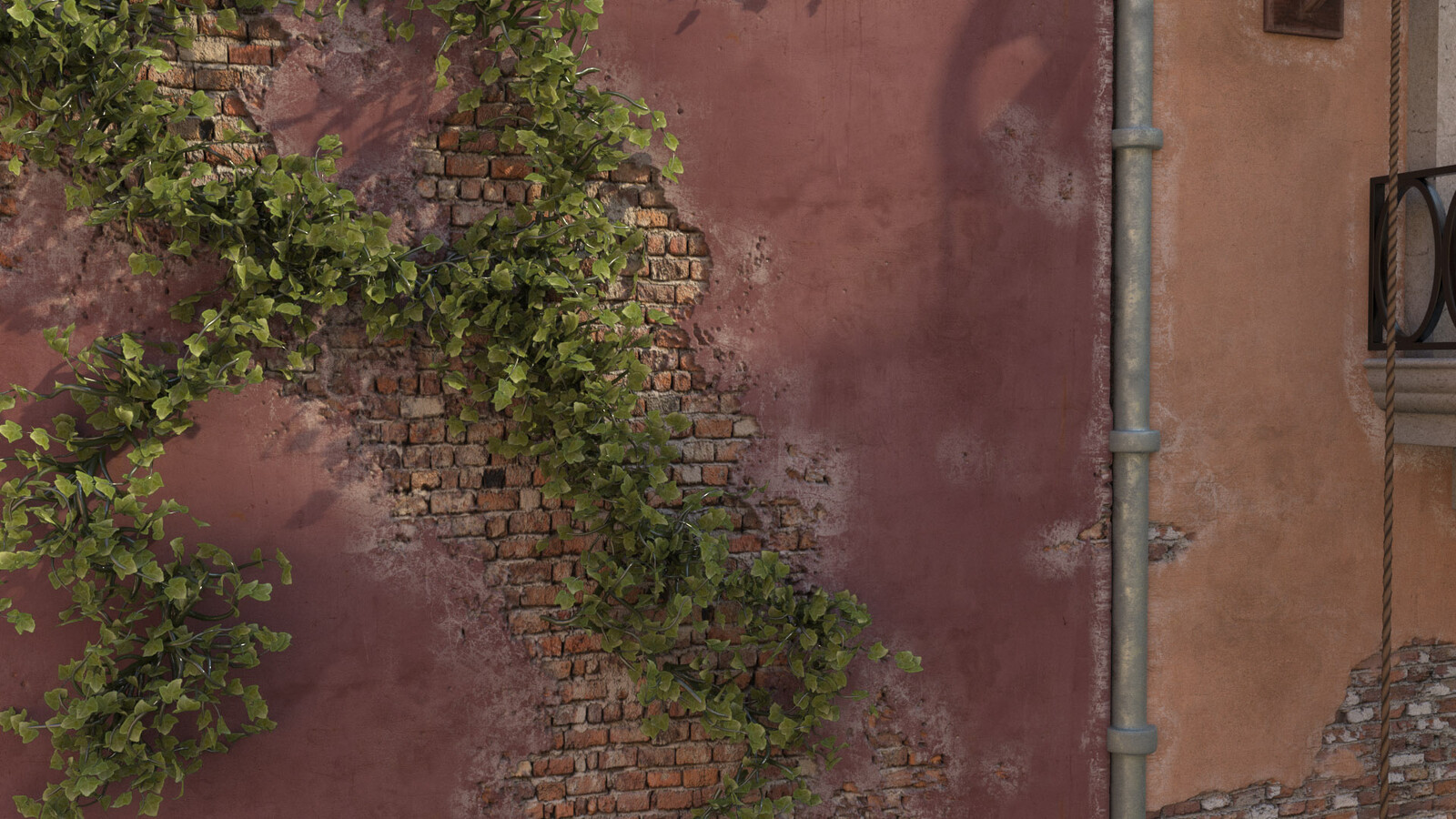 It was very interesting to work on the walls of this project made with bricks and concrete. I also added ivy with Maya Paint Effect.