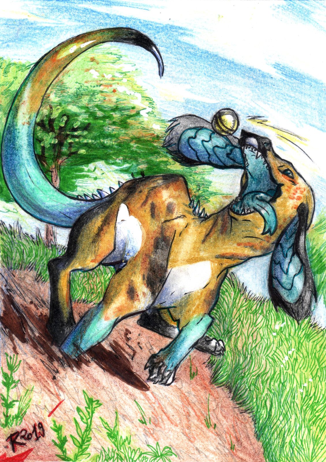 Another ArtFight attack! A dragon that is also a dog? We love dogs and dragons, so we had to portray this playful creature! She is Chloe, a character that belongs to Zheffari. Drawn in traditional, with colored pencils.