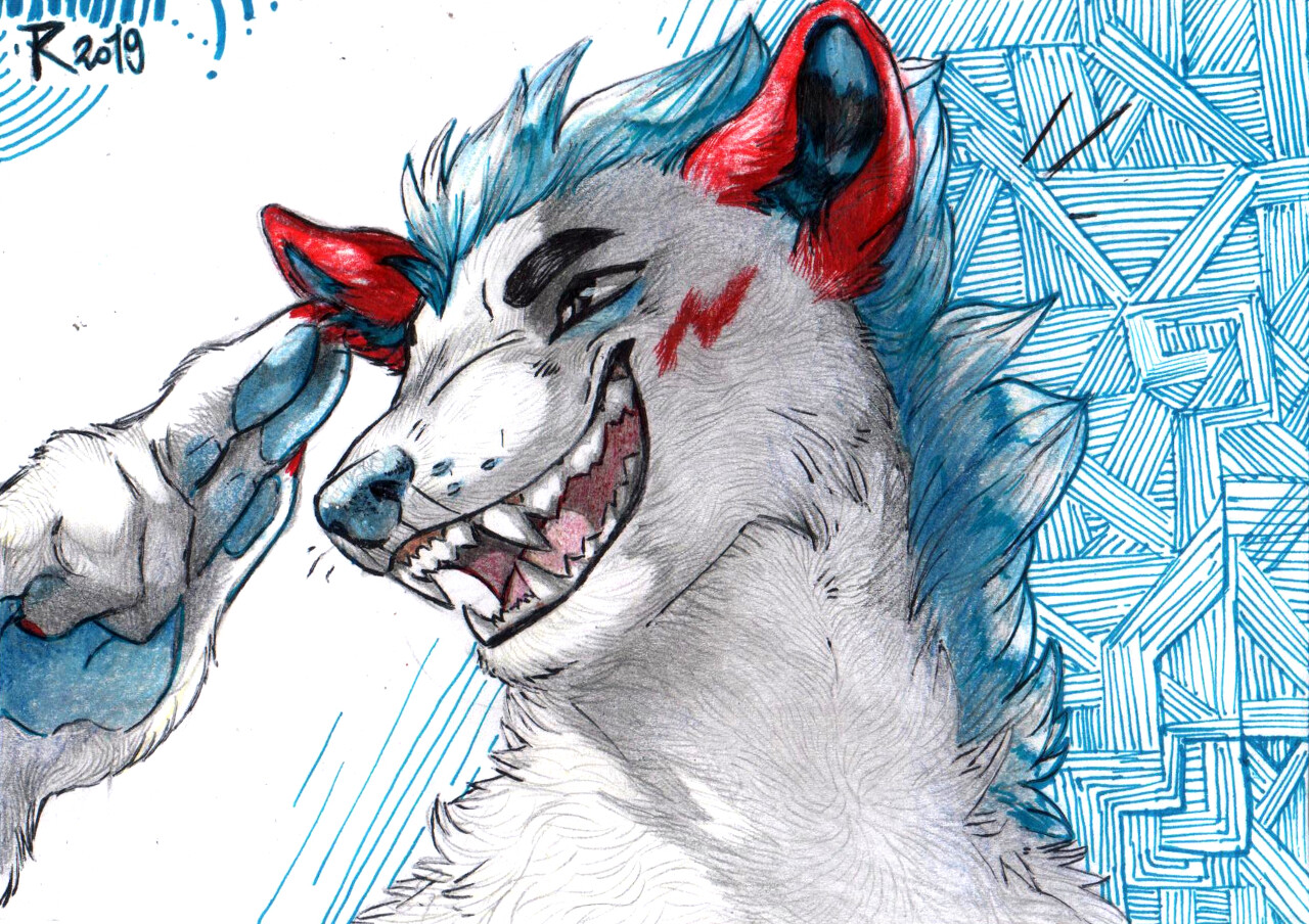 Another ArtFight attack. Look at this toothy boy! His name is Dug and belongs to HyenaHut. Drawn in traditional art, with colored pencils.