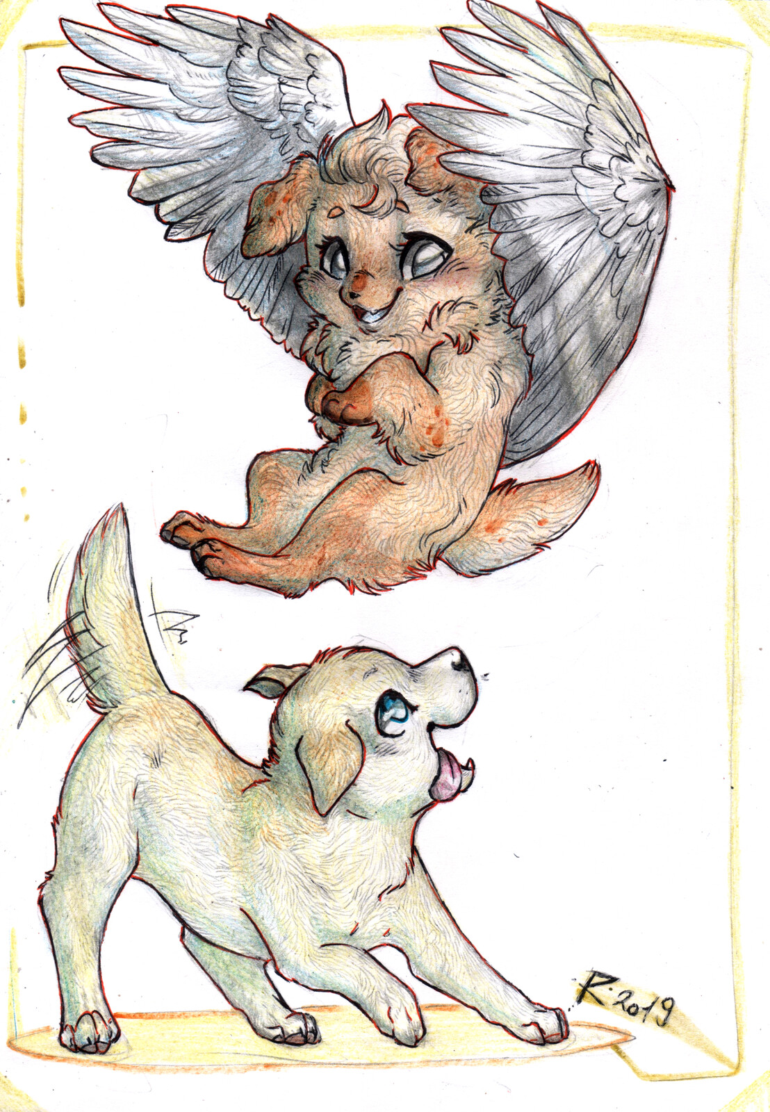 Another ArtFight attack, or better a revenge! Two adorable puppies &lt;3 Muddpaws's Aspen (the flying dog) with our labrador-were mix Asdrubale. Drawn with colored pencils and pen. 