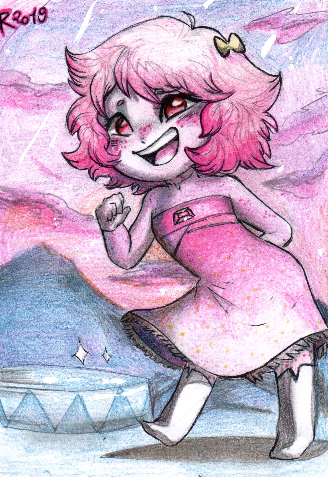  Another ArtFight attack! This adorable pink gem is Kunzite, a character that belongs to gayspacewarrior. Drawn with colored pencils and pen. 
