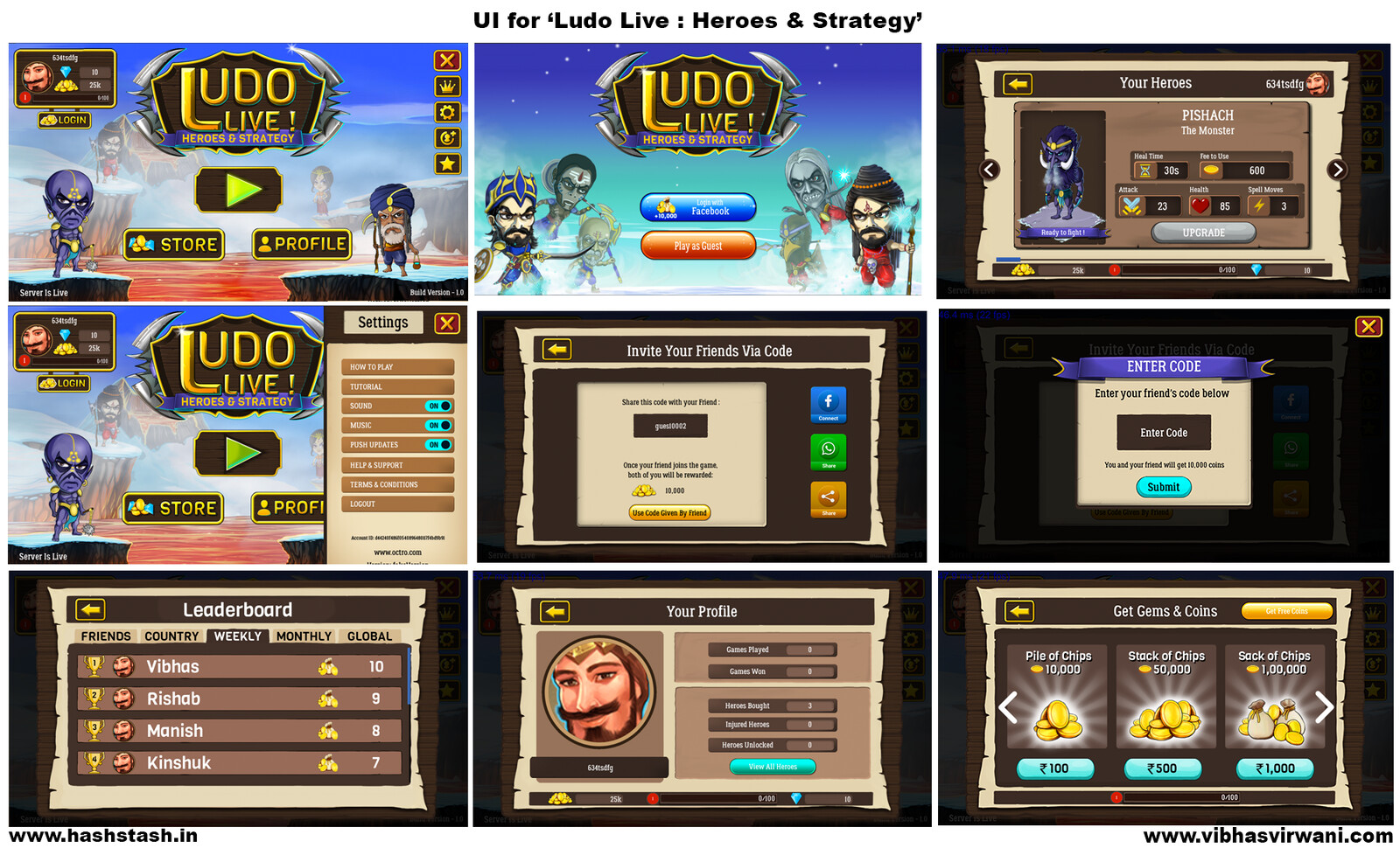 UI game screen designs for the android/ios game.
