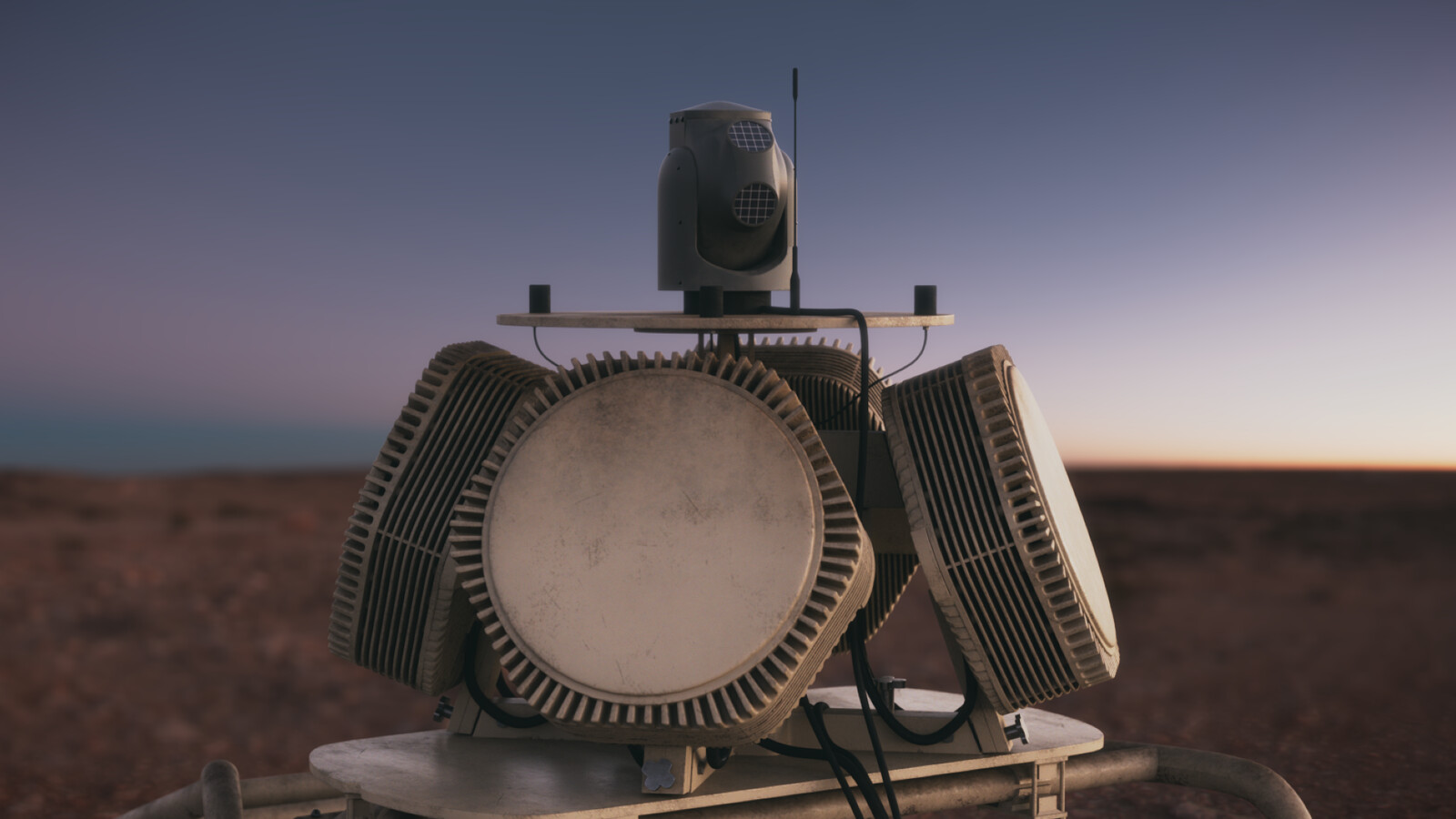 Top Antennas fully modeled by me, Texturing, Shading, Render, Composite.