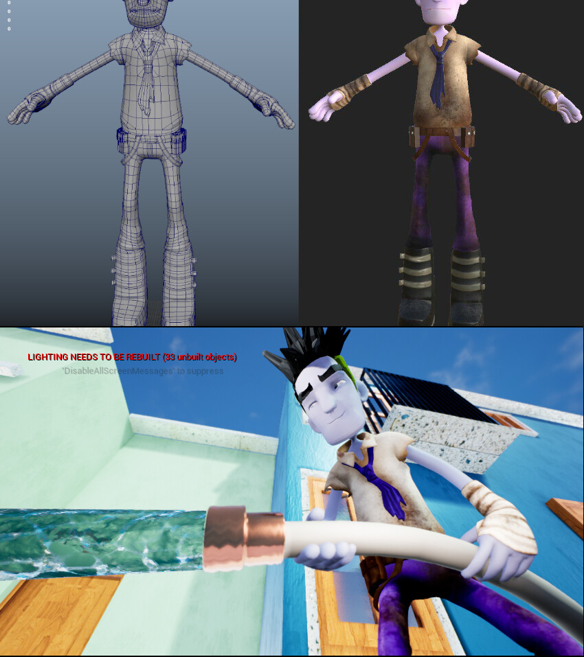 Left - T pose - Model done by an artist in E-multimedia
Right  - Textures done in Substance painter
Bottom - Implementation, Shaders, Lighting, VFX, CC done in UE4 