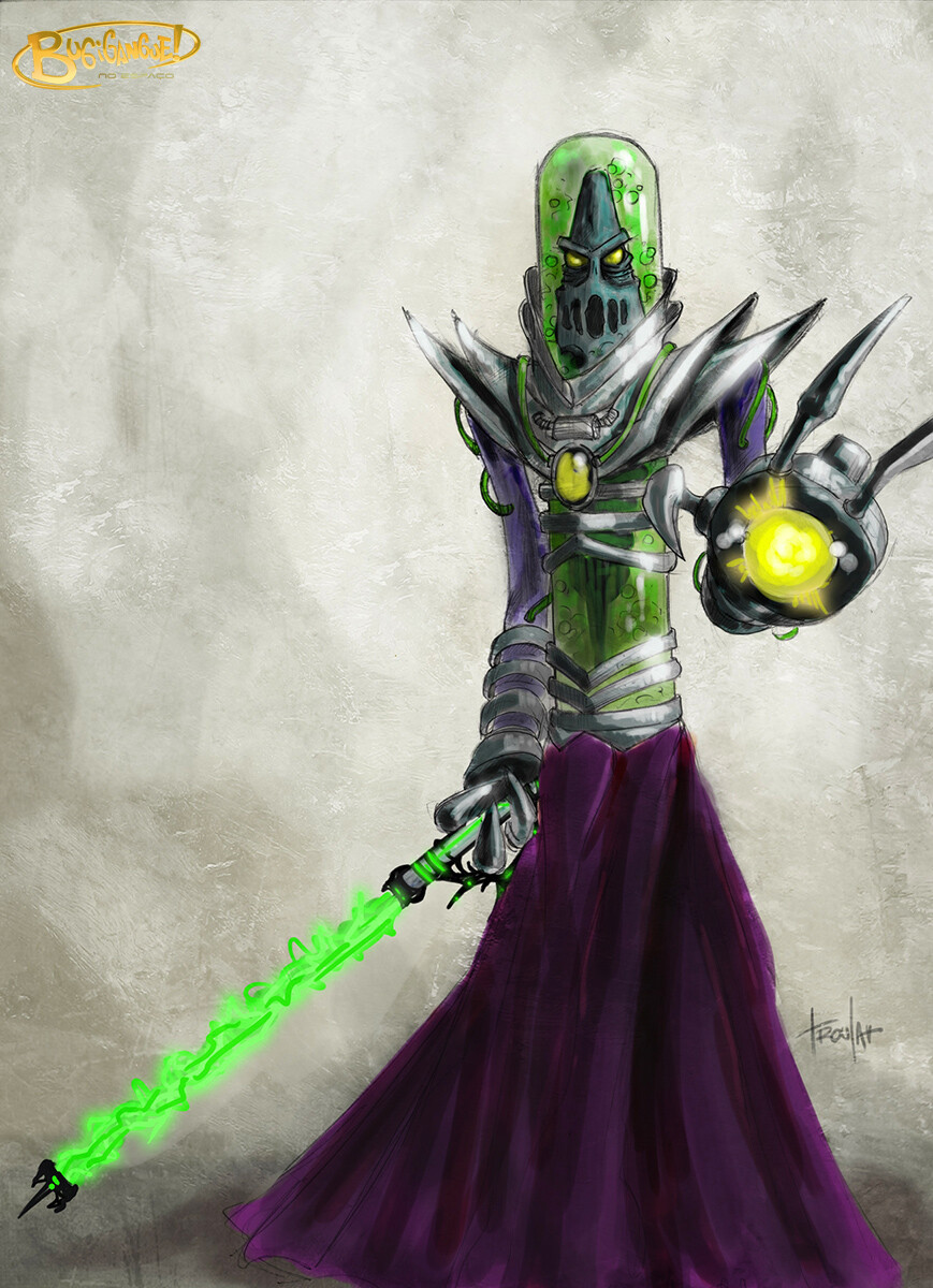 Final design for the villain Gana Gobler. It ended up very much like this in the movie, but he never used that weapon. 