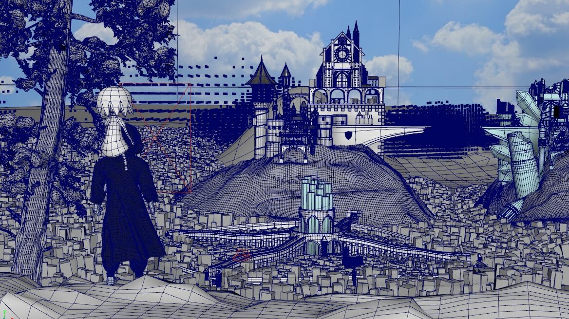The viewport. Except the nearest tree, all the trees and houses in this environment are represented as a box for saving software performances.