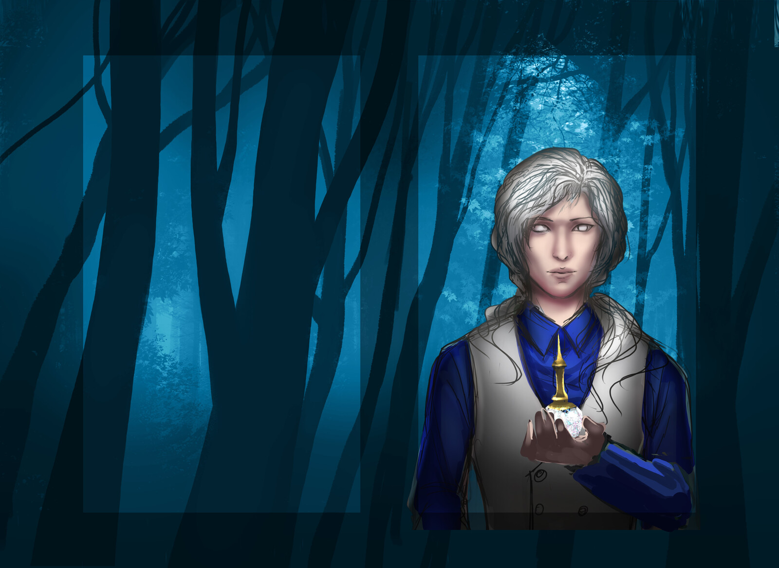 Early layout process and placing colors to get the mood. Photobashed a forest in the background. The dark areas are the spine and beyond the book's borders, but provide space for the art in case I wanted to resize items. 