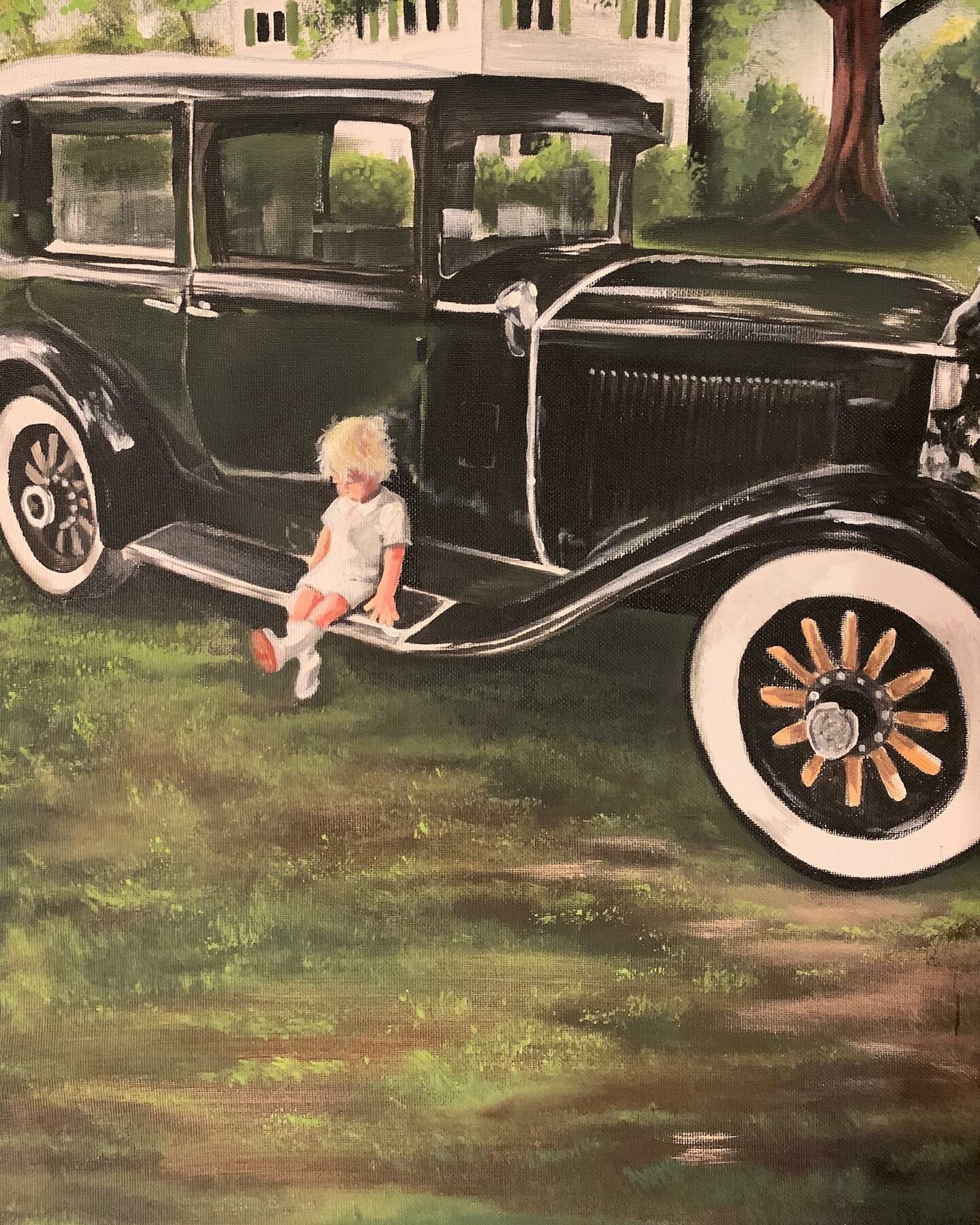 Wesley Stults A Kid And Vintage Car Acrylic Painting