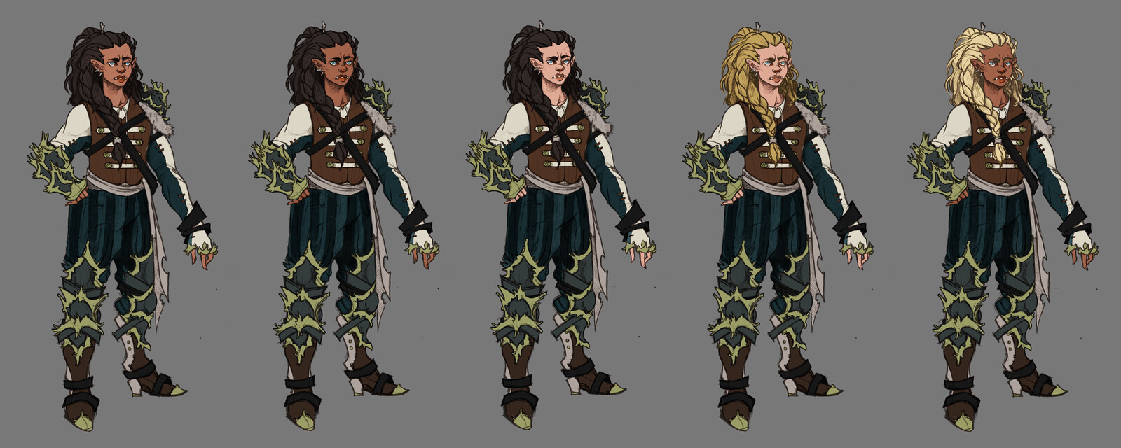 Skin tone tests, referencing Jaina, Mag'har orcs, and Thrall's other children. Final is on the far left.