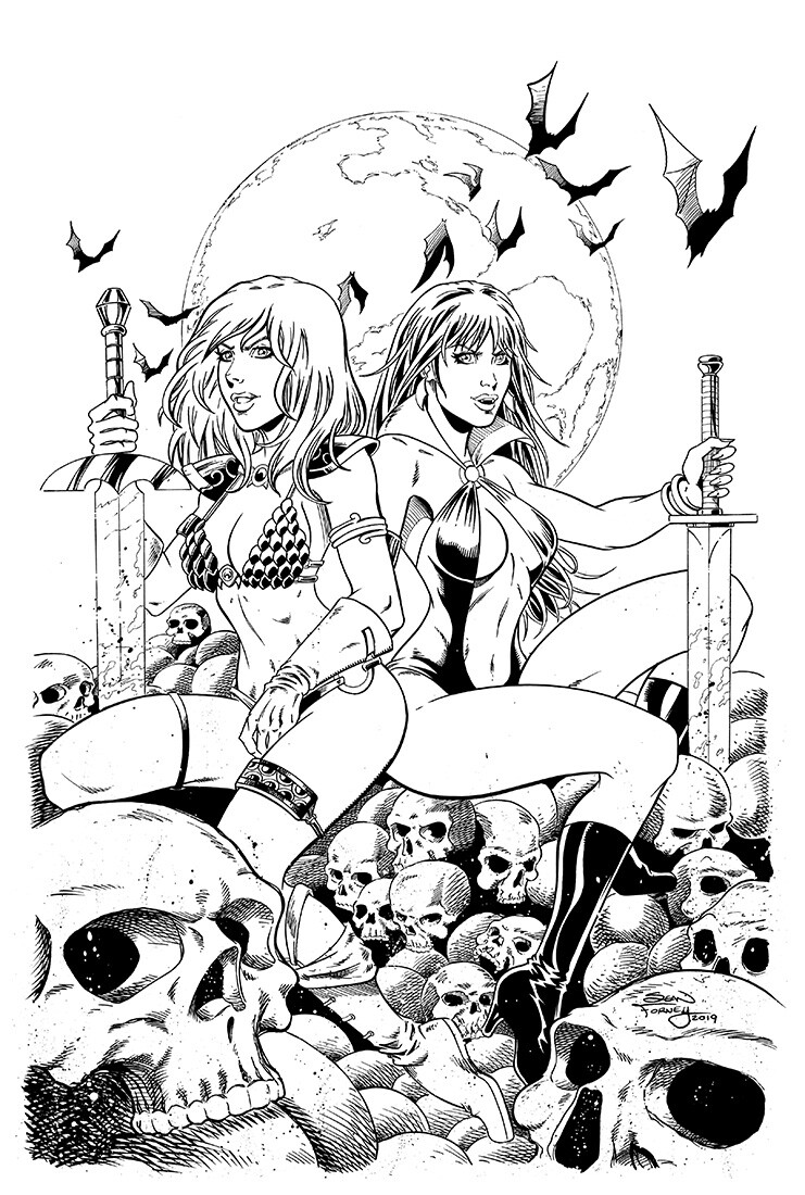 Vampirella Red Sonja 1 exclusive store variant cover for Flying Monkey Comics and Games. Release September 4, 2019. 

Pencils, inks, and colors by Sean Forney 