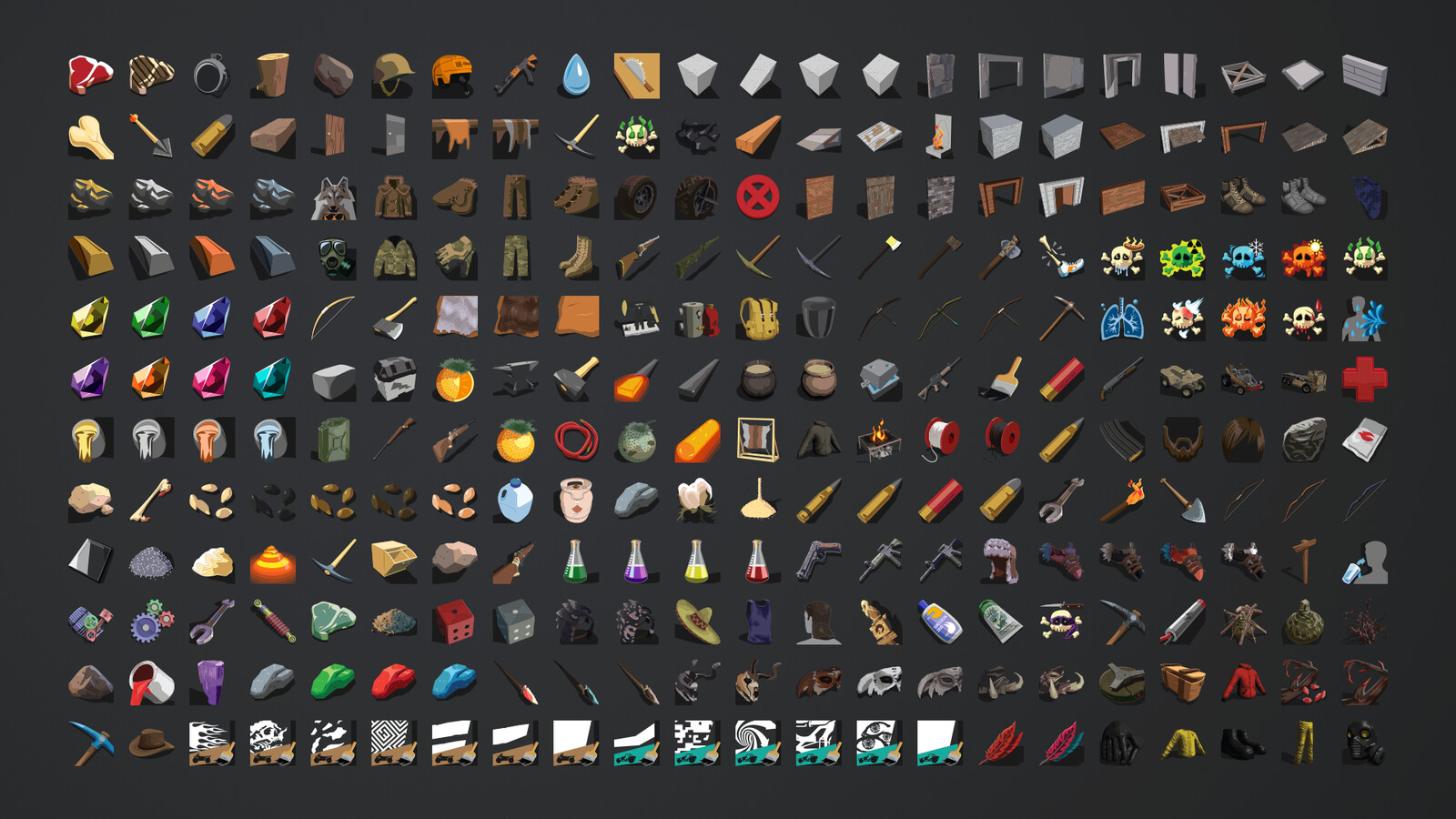 A large sample of the Icons I designed for each item in Hurtworld. Some were unfinished and some were never even used as items and gameplay changed throughout development. I got really quick at making these.