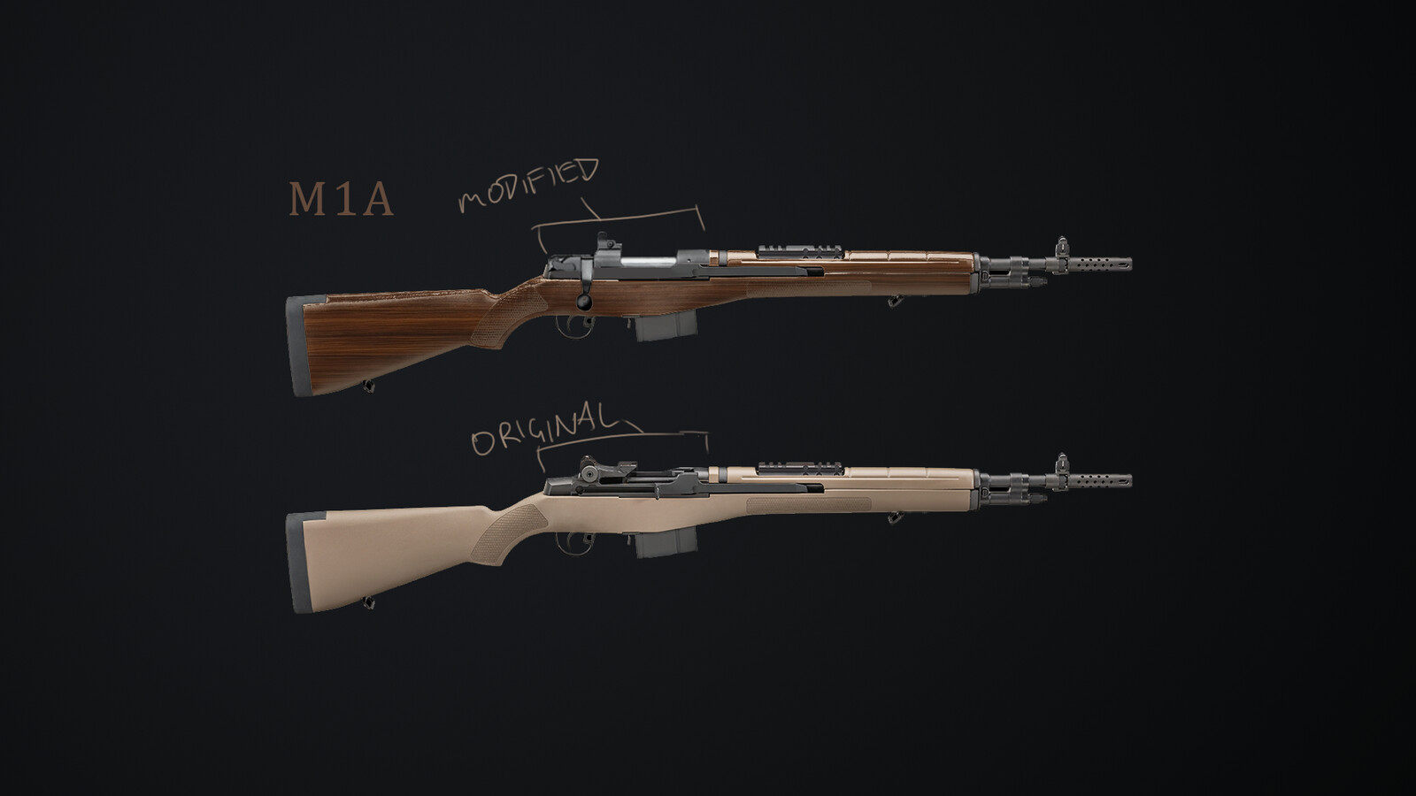 Paintover of an M1A Rifle, to visualise how it would look with a bolt added to it instead of a automatic reload mechanism. We ended up making this.