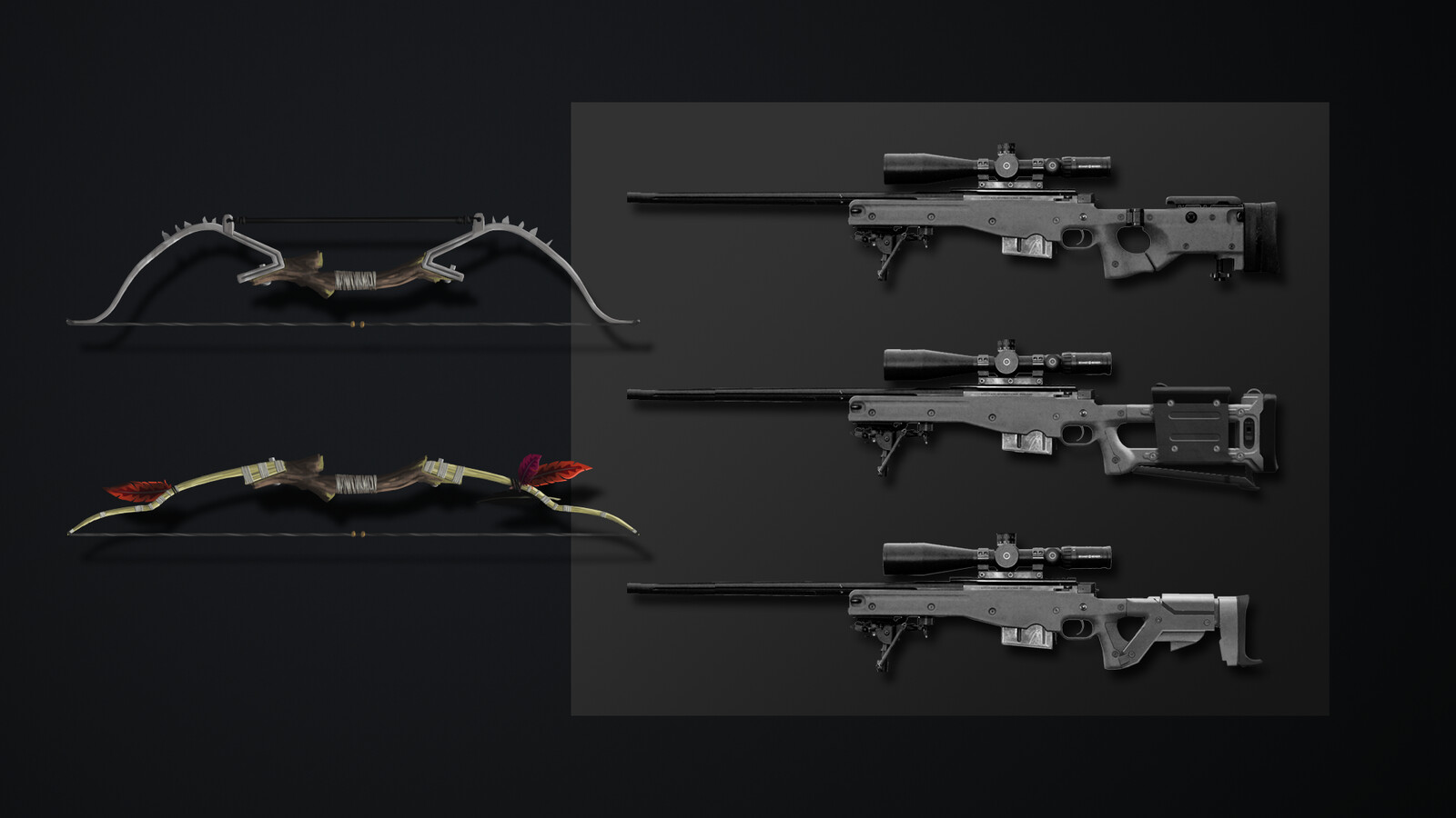 The Recurve Bow concepts and the paintover of the AWM to visualise the stock variant we wanted to make.