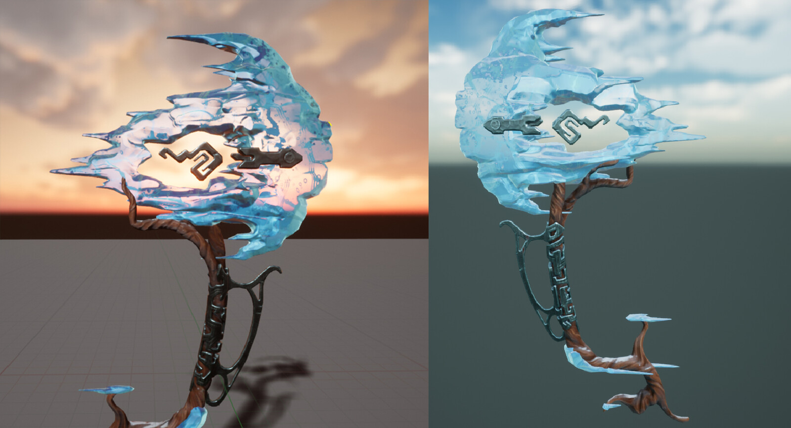 Some screens from UE4 showing the asset in different lighting scenarios. The ice material has some paralax in the cracks/bubbles.
