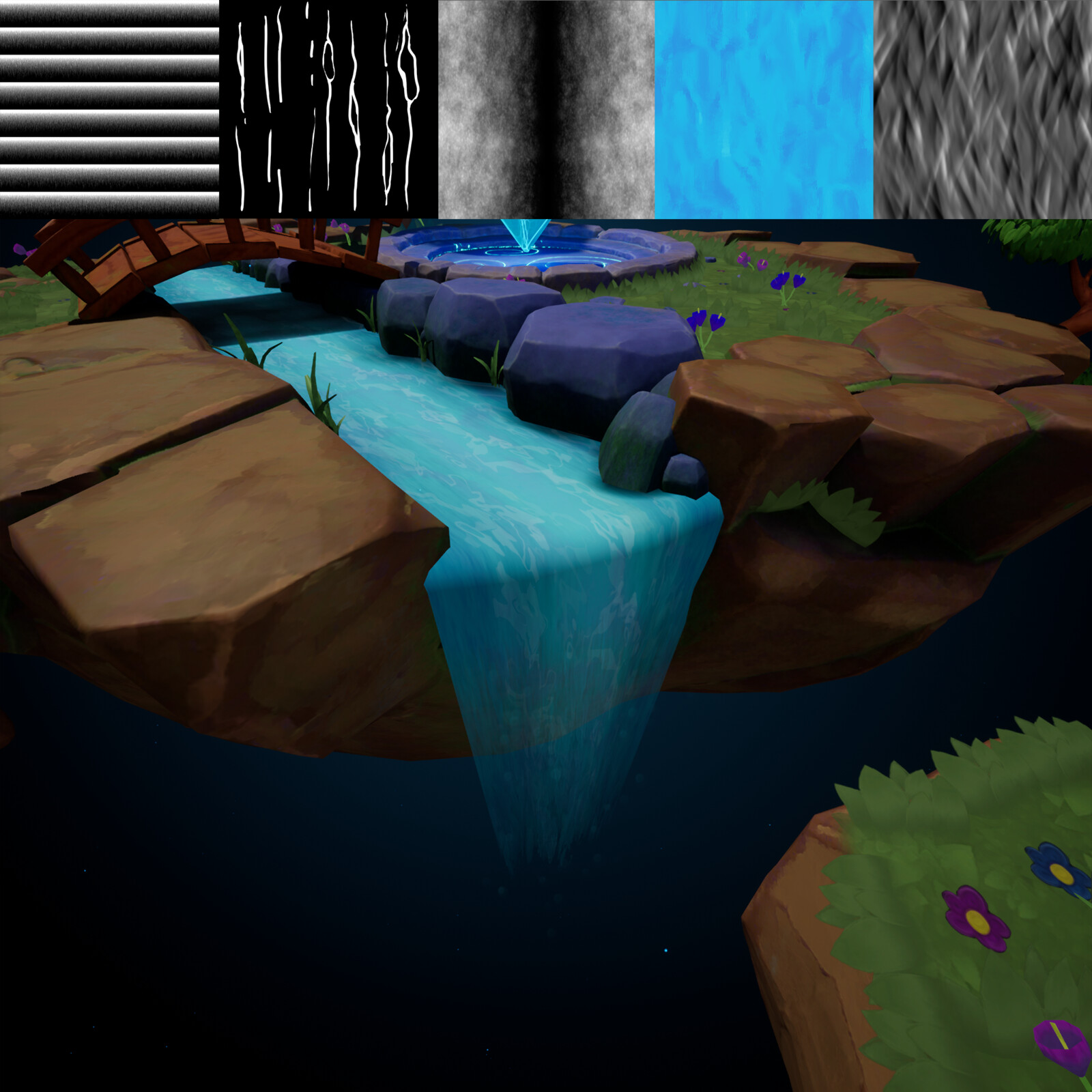 i used a flipbook (left) to animate the opacity of the waterfall. a panning squiggly texture that gets distorted (by the texture on the right) combined with the other 2 textures to create the flow effect