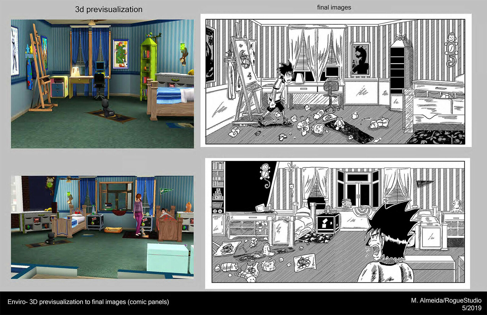 Previsualization using 3D assets for RF #4, with side by side of final art