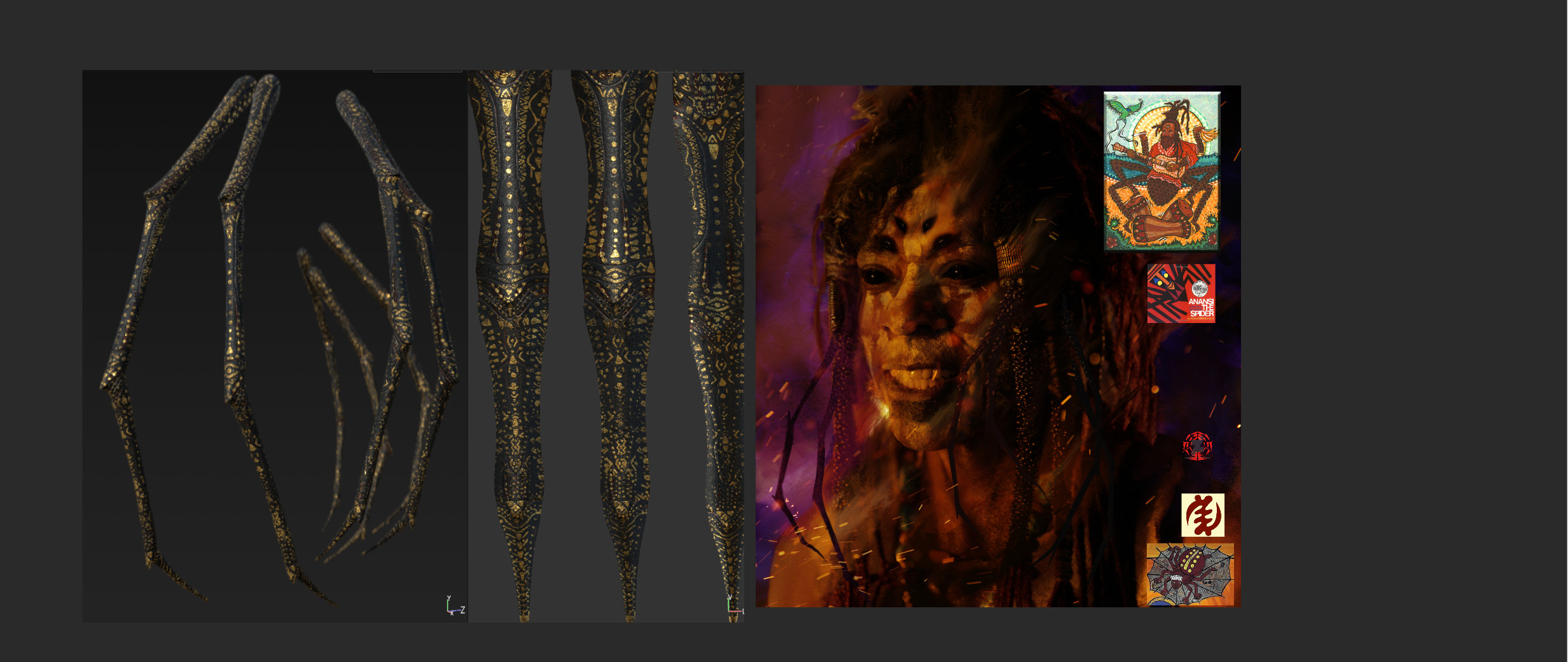 Here's the texture applied on the 3D model // The concept frame painted over the footage by the concept artist and some reference frames from  my little research about Anansi to create the textures. 
