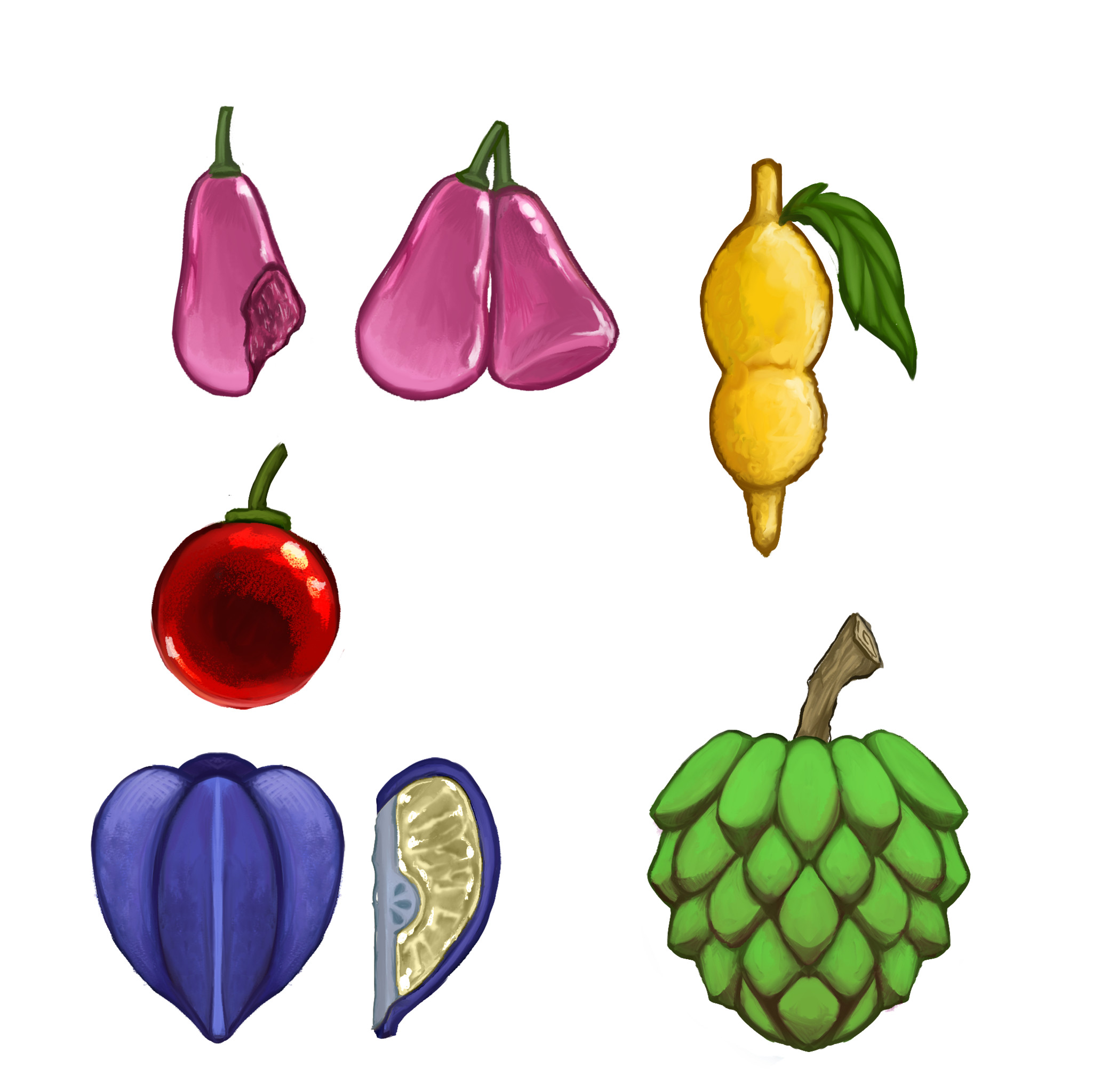 Concept art of some of the various fruits and berries you can see around the scene. I wanted these berries to look as if they belonged to a fantasy world without appearing too unbelievable.