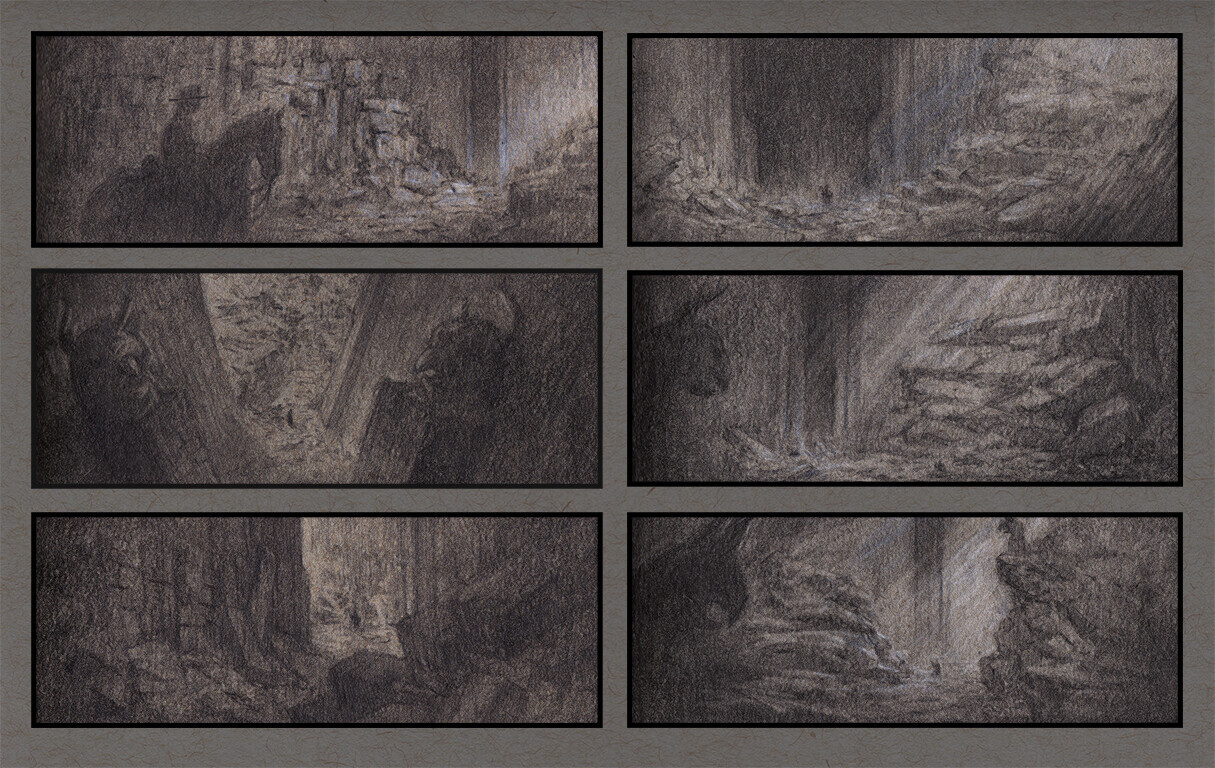 Thumbnails from the sketchbook, working out composition and lighting. 