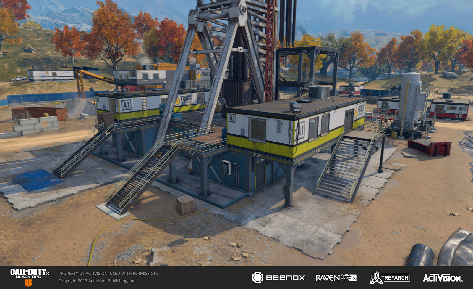 Overview of the main fracking rig in Blackout Mode. I worked on metallic beamwork and surface treatment of the platforms by configuring existing materials /models. I also bolstered the tall ladder by configuring a variety of existing models and textures.