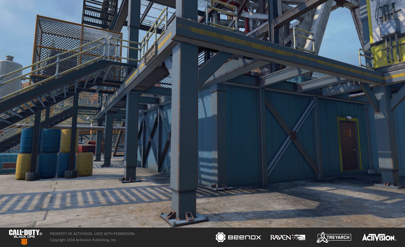Exterior of the main fracking rig tower in Blackout Mode. I worked on the metallic beamwork and surface treatment of the platforms. Yellow stripes were added around the door to assist in making them stand out yet adhere to the desired aesthetic. 