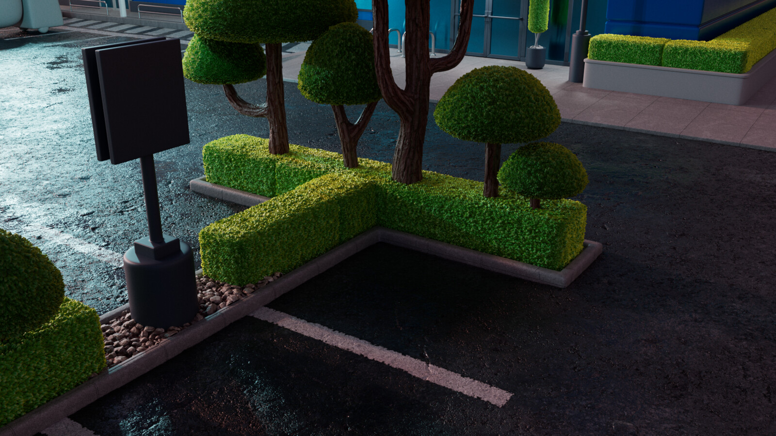 A Close Up on the parking lot assets, to check the vegetation and asphalt substance shaders. 