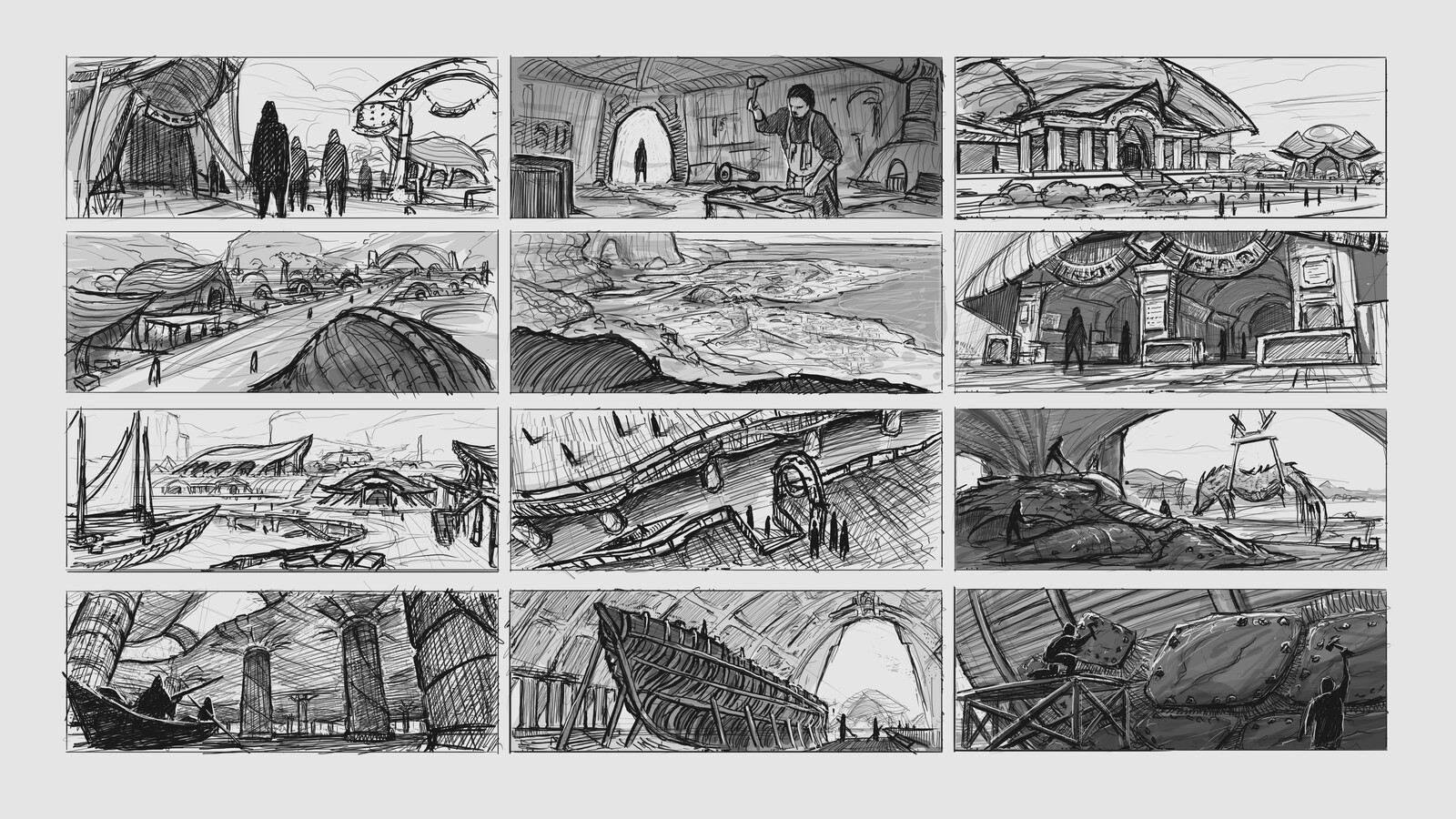 Thumbnail sketches of different shots across the city.