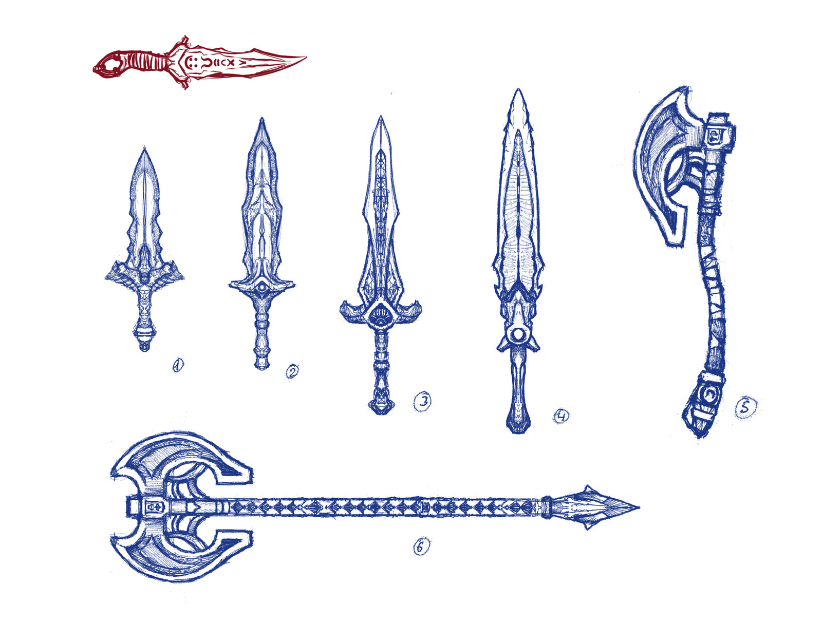 Some weapon sketches. I love that red dagger, I'm going that direction with the design of the main hero's weapon I think.