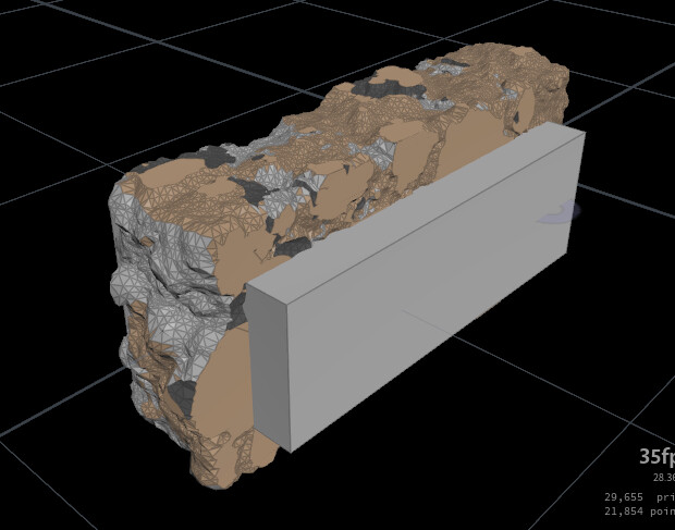 The gray box is placeholder for brick... and this is procedural concreat that bonds all bricks toghether... same system as bricks... to get those nice surface i simply use.. Noise multiplayed by P in vex.. (aka displacment) and simply boolean the diff.