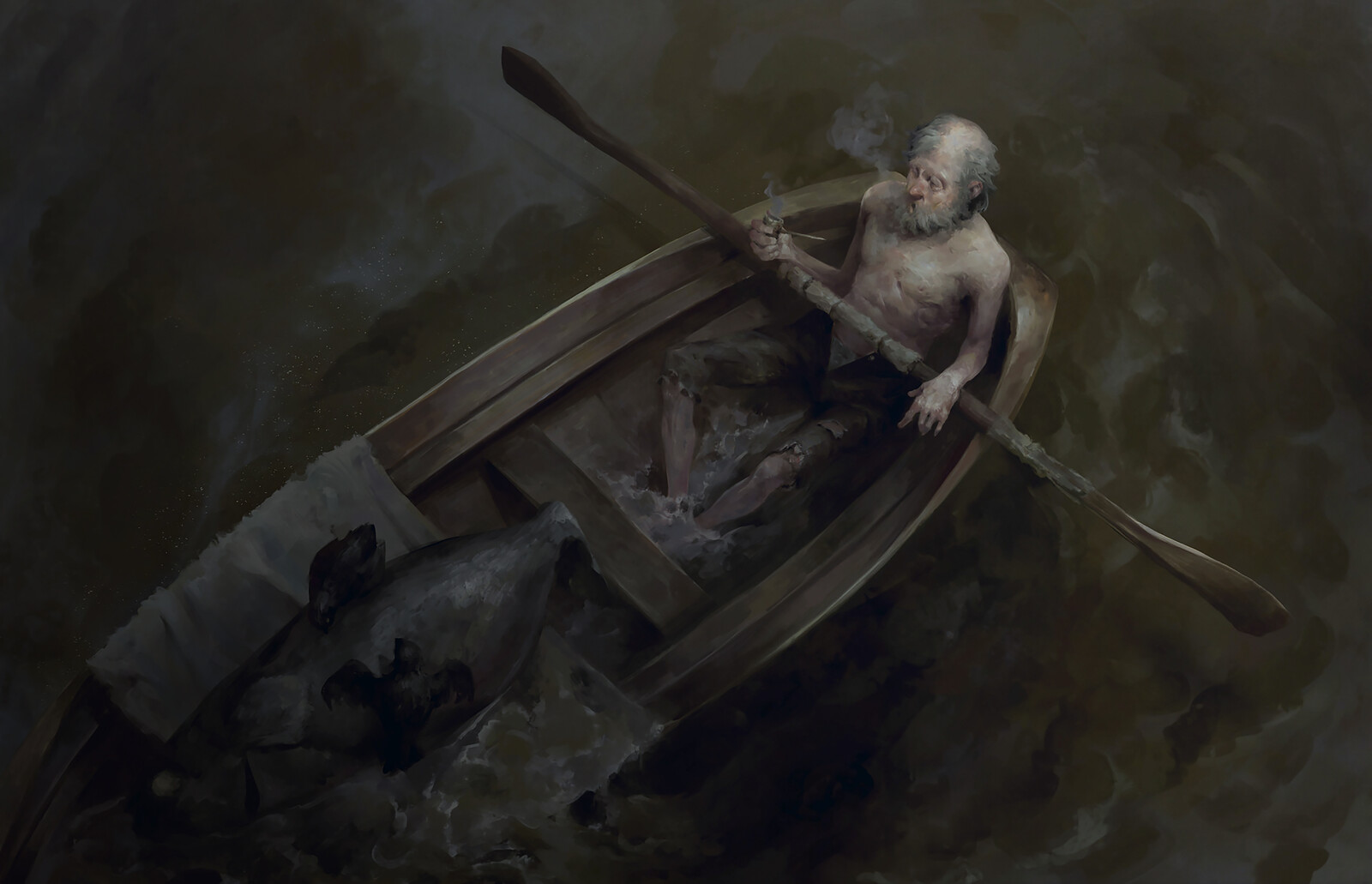 Oldman Pipe Boat Fish and Crow