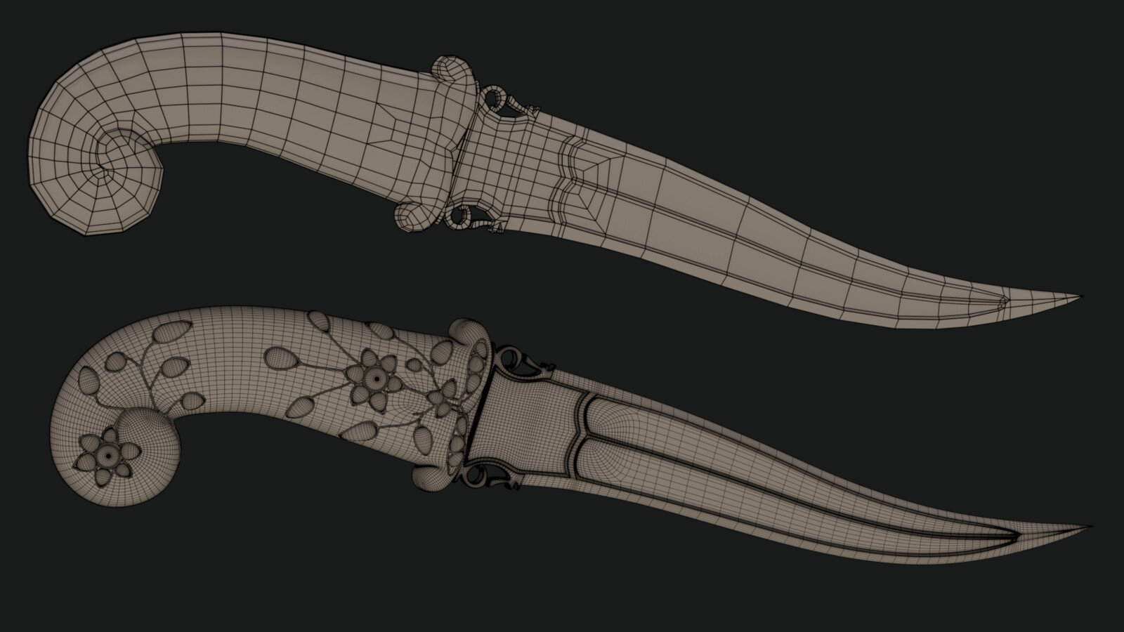 Dagger base design - wireframes.
The base version without subdivision or extra decoration in the hilt is 1900 tris. 