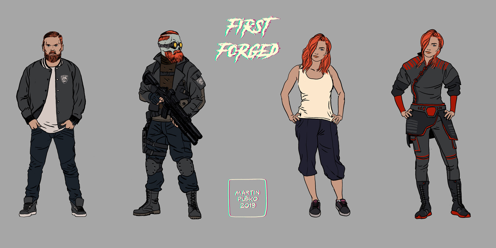 The main character and his sister, in regular and combat ready clothes. the hero later changes into a superhero with a skull head.