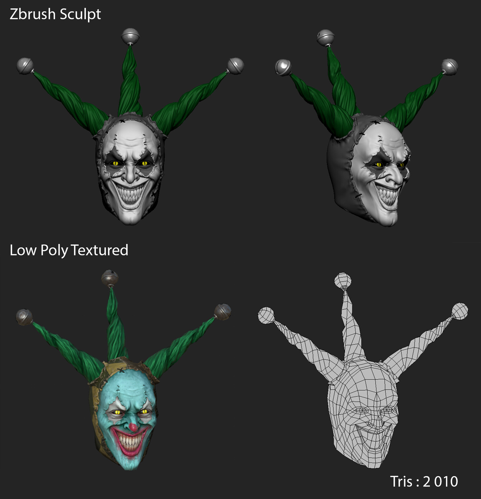 Harlequin Apparition Decoration
Responsible concepting, for the hi poly sculpt, low poly game model, UV-ing, baking, texturing and look-dev in game engine.