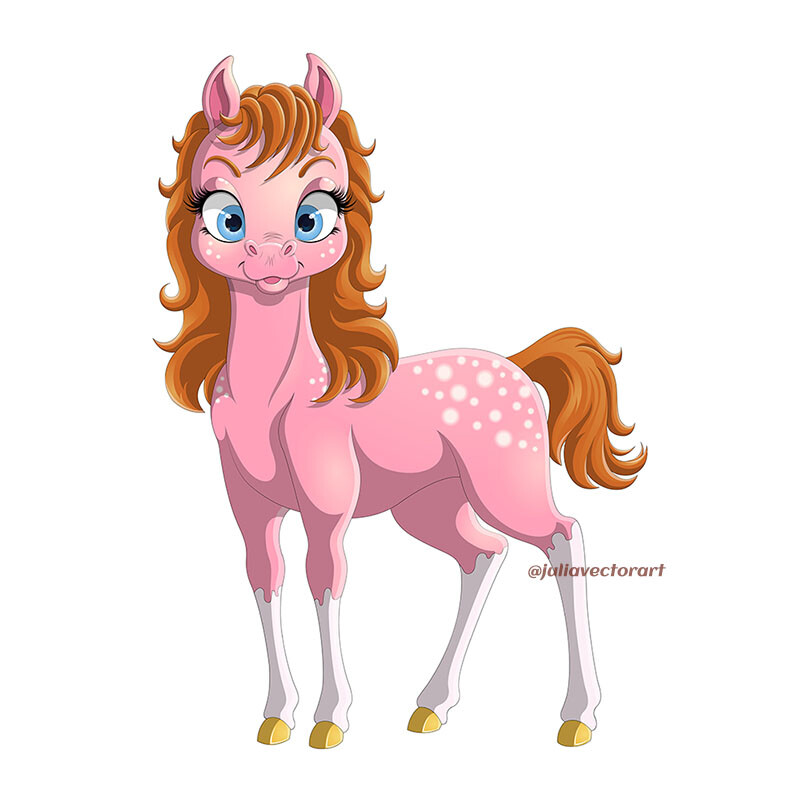 ArtStation - Illustration of smiling pink horse with white spots and  beautiful blue eyes.