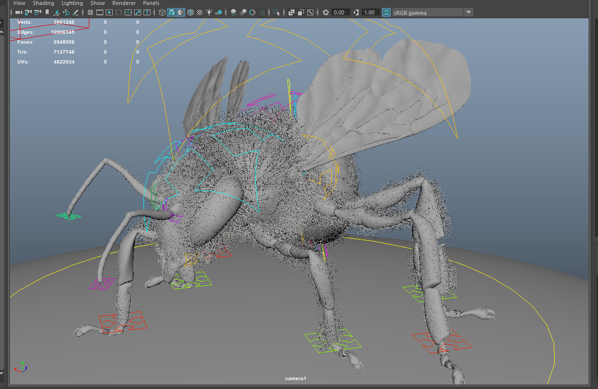 Maya screengrab of the bee model with fur