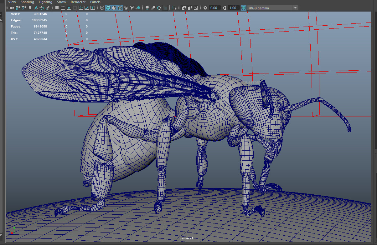Wireframe view of the bee model in Maya
