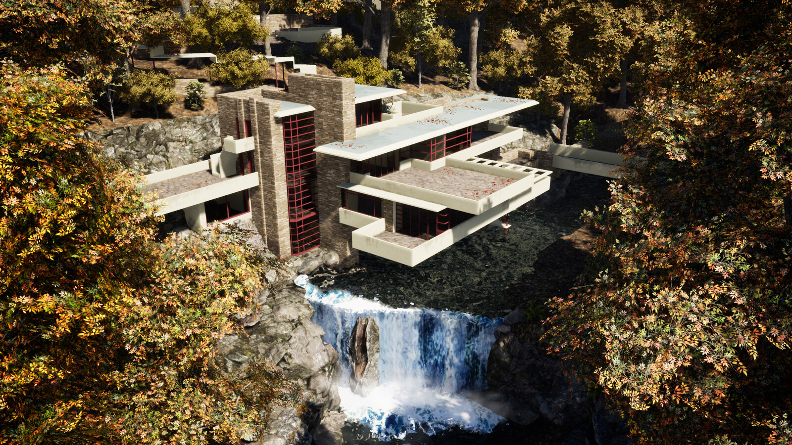 3D rendering of Falling Water House. Edited in Photoshop.