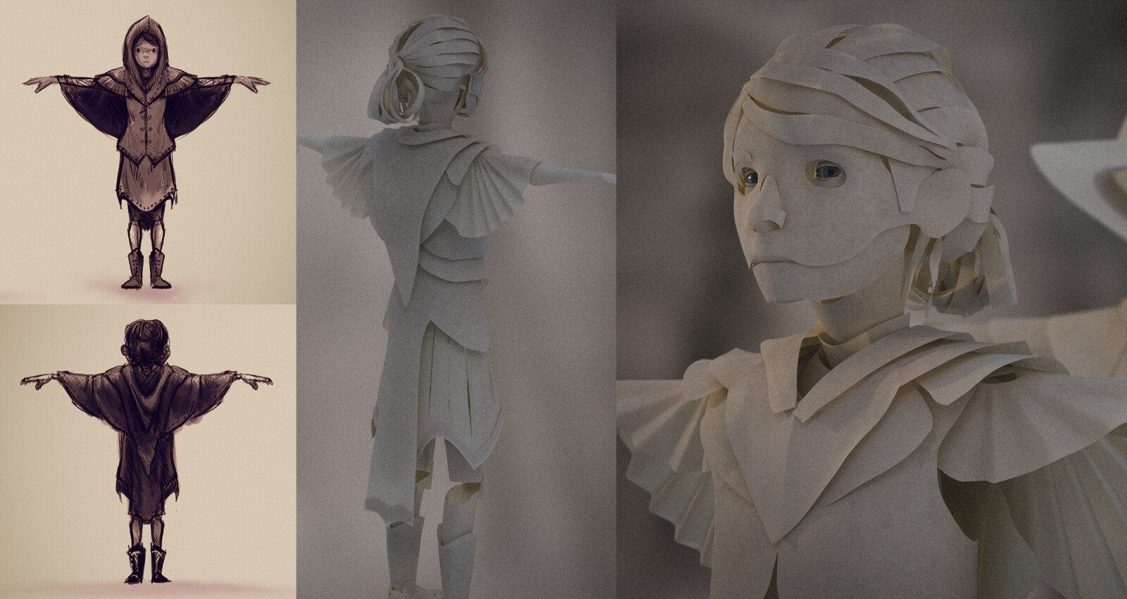 Concept art to basic paper treatment using RedShift. There is no displacement or drawing details.