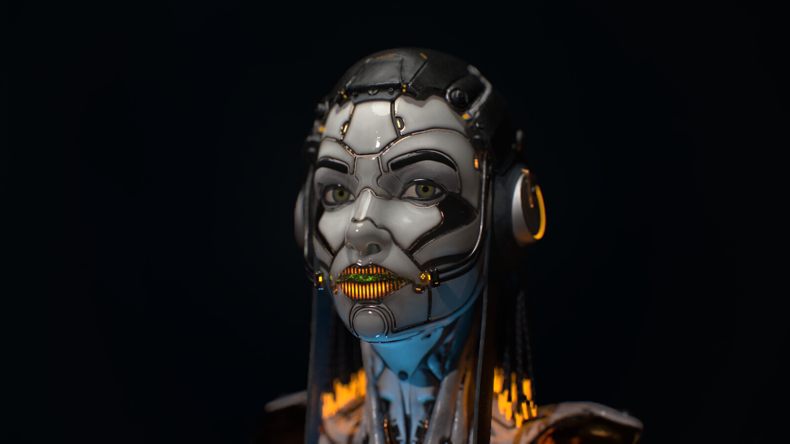 Android concept face with hologram on