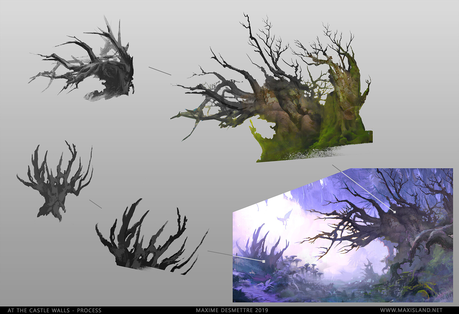 In this example : I'm showing the initial tree shapes that led to the final result.
If you're looking for similar shapes to use in your work, have a look at my store : 
https://www.artstation.com/maxisland/store