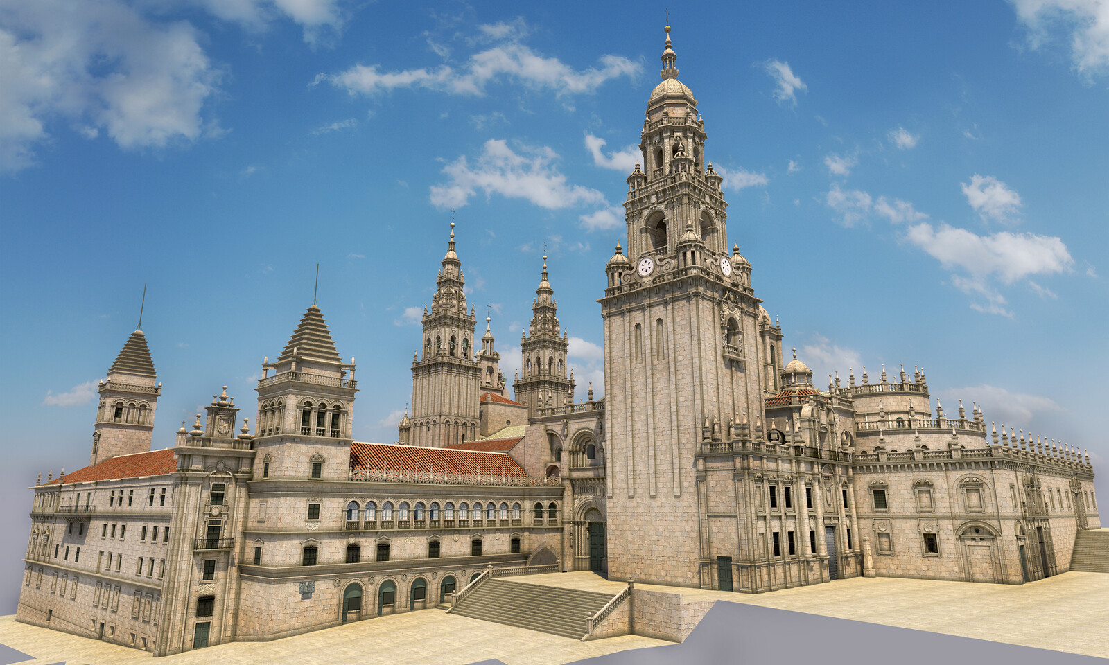 3D illustration. Exterior. Rear view of the cathedral complex with the Treasury Facade of the cloister on the left, the Platerías Facade and the Berenguela tower in the middle and the main apse and the Saint Door on the right.