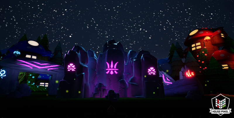 Our nighttime level. I created the lighting, stone pillar models and materials, and glowing decals. 