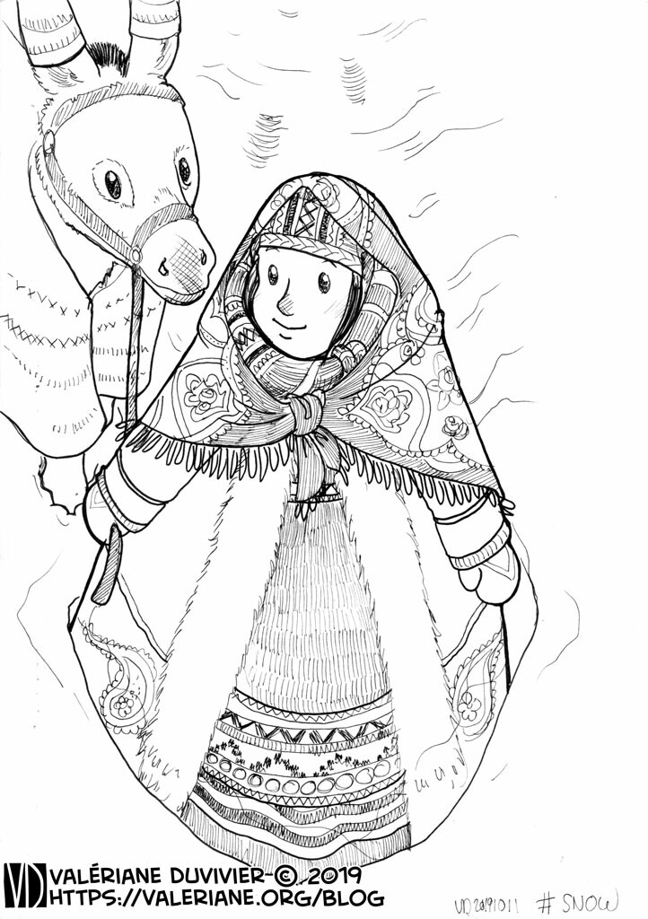 Day 11 Snow
Anka again, in winter garb this time, with her donkey, Polka.
Anka and Polka are characters for the comic project: The Hair Rope