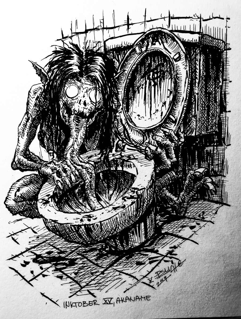 Akaname - Its name means "Filth Licker" and it is appearing in Japanese folklore. It takes residence in dirty bathrooms and toilets where it licks old hair, mold and dirt. Its saliva is poisonous.