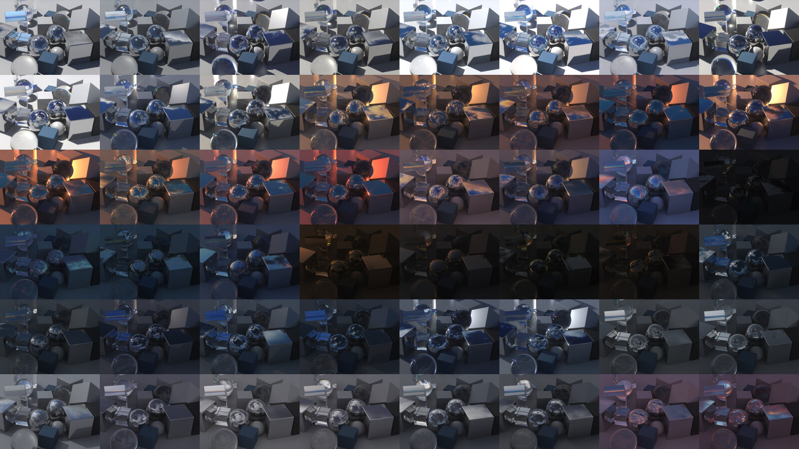 Lighting samples of each HDRI. Notice the crisp lights some of these can produce (that is... if the sun is visible). Each light was carefully adjusted to suit the view and render output. 